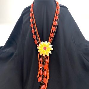 Lucky Brand Daisy Pendant Coral Beaded Necklace 18in